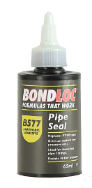 011032 B577 250ML-PIPESEAL B577 pipeseal is a high viscosity thixotropic gel paste which cures rapidly, sealing instantly to 10 bar through its anaerobic cure system in contact with metals in the absence of air (oxygen). When fully cured it resists pressure up to 350 bar. B577 is not suitable for oxygen systems. Good chemical/solvent resistance to ethanol, motor oil, unleaded petrol, acetone and brake fluid.

Applications
Typical applications are in sealing of all types of threaded connections against water, oil, gases and most common materials conveyed by pipes.

Colour : Yellow
Strength : Low
Viscosity : 50,000 cps
Breakaway : 11Nm
Service Temperature Range : –55°C – +150°C
Gap Fill : 0.5mm
 B577 PIPESEAL BONDLOC